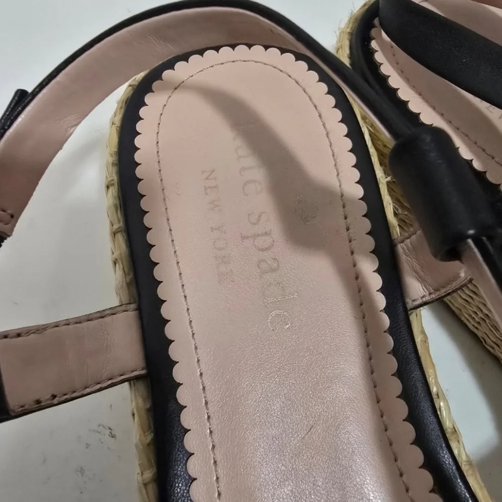 Kate Spade Black White Brown Plaid Bow Front Espadrille wedge sandals